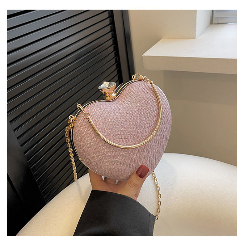 Ladies Fashion Shining Chain Crossbody Bag, Elegant Shoulder Heart Shaped, Metal Embellished, Black, with Buckle Closure, for Party, Wedding, Date